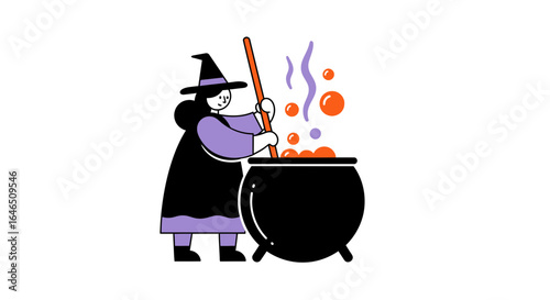 Colorful witch brews potion in cauldron for a fantasy halloween illustration