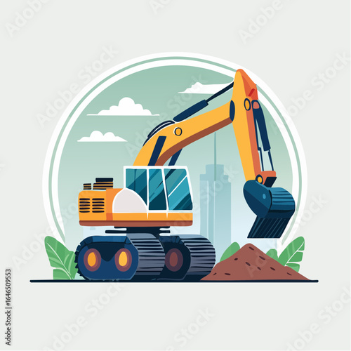 A vibrant illustration depicting a construction excavator with a city background, ready for work.