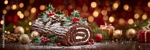 BÛCHE DE NOËL GLACÉE, DÉCORÉE DE HOUX ET DE SUCRE GLACE
