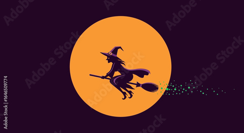 Enchanting witch silhouette soars across the expansive moonlit sky vector
