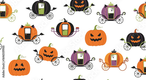 Festive Halloween pattern featuring pumpkin carriages and spooky jack-o'-lanterns