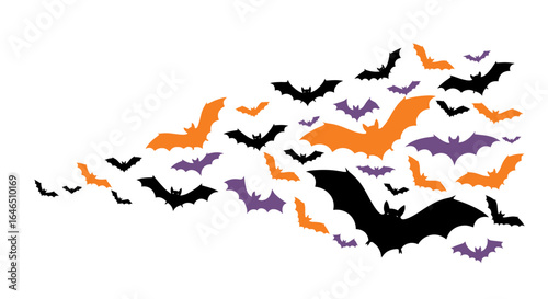 Halloween themed illustration featuring flying bats in festive color palette