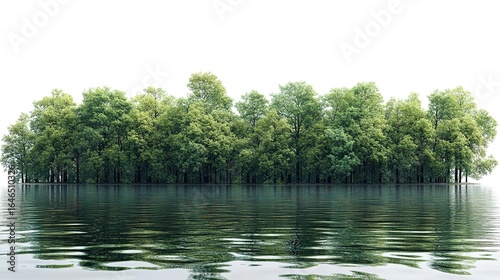 Trees reflected in water against a white background.