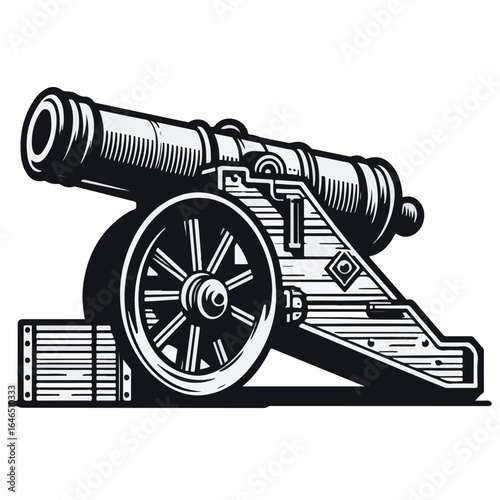 Black and White Vector Illustration of Vintage War Cannon Isolated on White