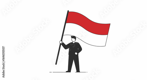 Man proudly waving the Indonesian flag, symbolizing national pride and patriotism in a simple, clean graphic style.