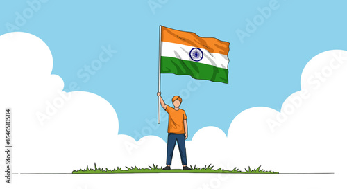 Proud Indian citizen proudly waves the national flag against a bright blue sky with clouds