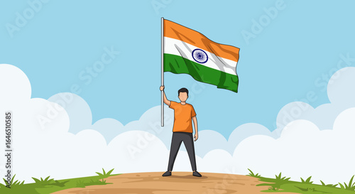Proudly holding the Indian flag high, a symbol of national pride and unity on a clear day