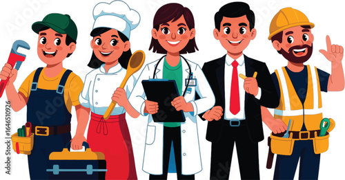 Diverse group of cartoon professionals in work attire on white background professions jobs