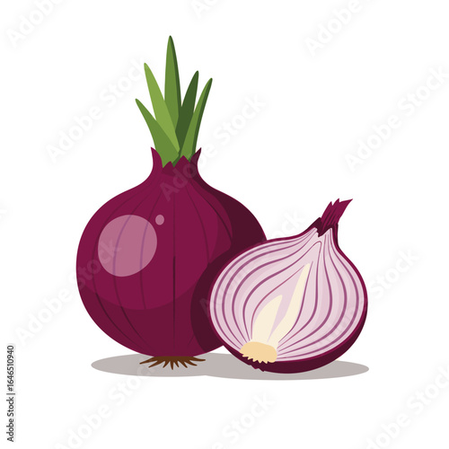 Adobe Illustrator Art a purple onion, sliced to show its inner layers, resting on a white background work