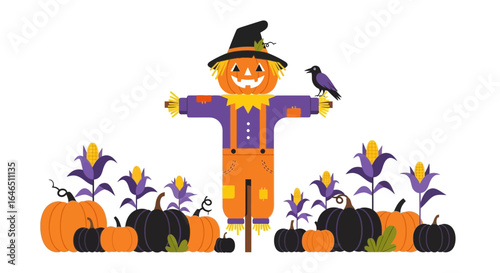 Whimsical autumn scene featuring a scarecrow, crow, pumpkins and corn stalks