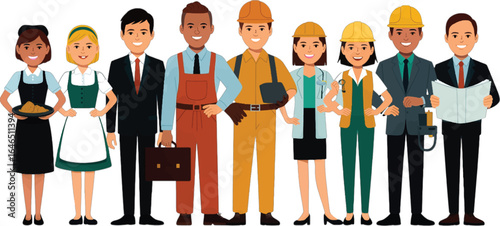 Diverse group of professionals in various uniforms and attire standing together people diversity