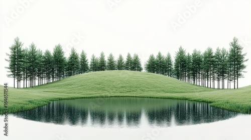 Trees atop a green hill reflected in water against a white background.