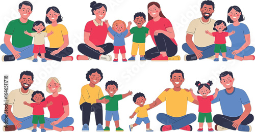 Families Sitting Together and Interacting In Flat Design family parents