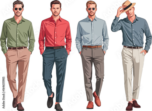 Four Stylish Men In Casual Summer Fashion Outfits Standing Together males adults