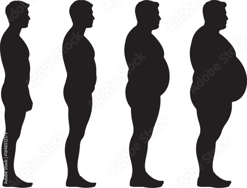 Male Silhouette Progression From Thin To Obese On White Background slim