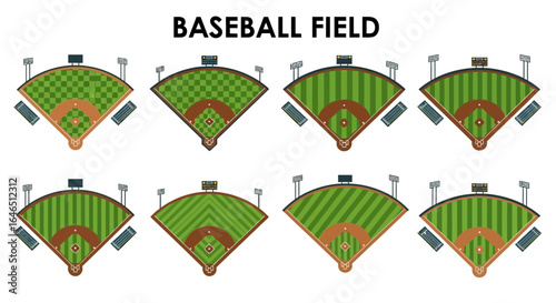 Set of baseball fields in vertical arrangement, featuring unique diamond sizes, grass patterns checkerboard, stripes, solid green, brown infield, white bases, foul lines, dugouts, tribunes, scoreboard