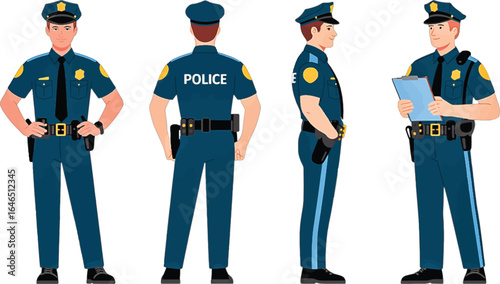 Policeman in Uniform Front Back Side and Clipboard Views with Yellow Accents police officer law enforcement