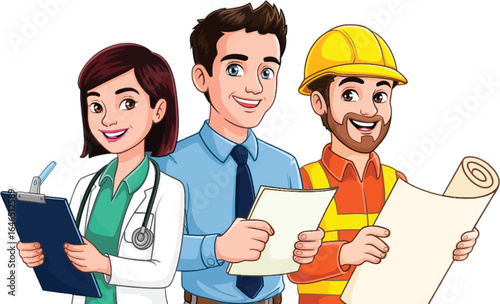 Three cartoon professionals doctor businessman construction worker on white background professions jobs