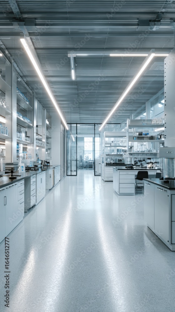 Obraz premium A modern laboratory featuring sleek design, bright lighting, and organized workspaces, ideal for scientific research and experimentation.