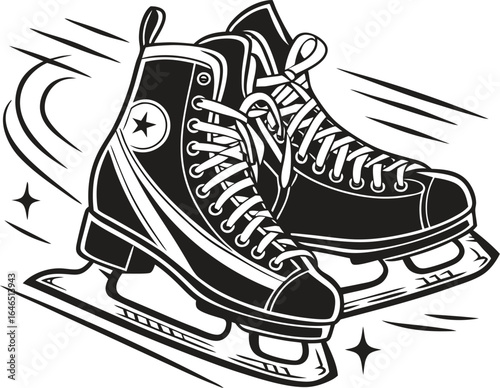 Black and White Illustration of Ice Skates with Swirling Lines and Stars ice skating winter sport style vector illustration EPS file download