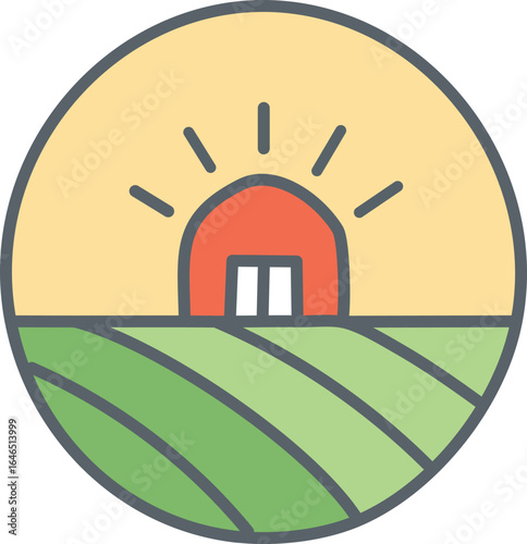 Circular Icon of a Farm Barn at Sunrise dawn