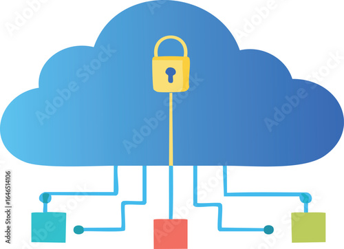 Cloud security with padlock and connected blocks data
