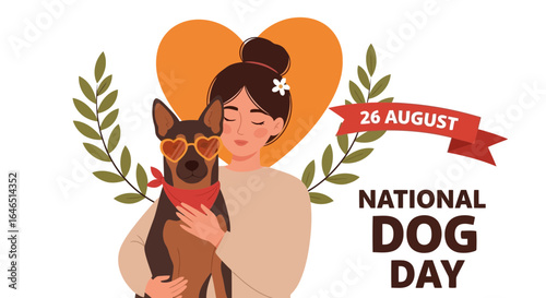 Vector art of national dog day celebration on august 26th, featuring a woman holding her beloved dog wearing heartshaped sunglasses and a bandana, isolated on white background