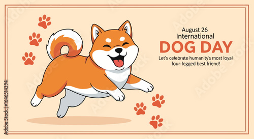 Vector art of happy shiba inu dog celebrating international dog day on august 26th, with paw prints and text, illustration