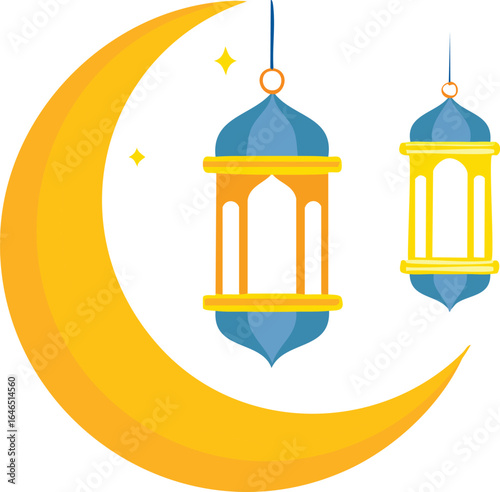 Crescent moon with two hanging lanterns and stars Ramadan