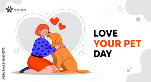 Vector art of a woman affectionately kissing her golden retriever dog on national love your pet day, celebrating the special bond between humans and their animal companions with a heartwarming illustr