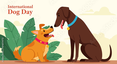 Vector art of international dog day celebration with two cute dogs, one small and tan, the other large and brown, interacting happily with lush green foliage in the background
