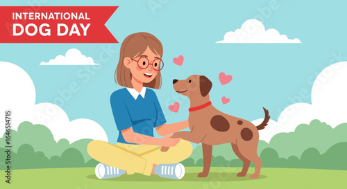 Vector art of international dog day celebration with a happy woman and her friendly dog sitting on the grass outdoors, showing love and affection with hearts floating around them