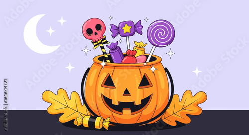 Vector art of a cheerful halloween pumpkin bucket filled with assorted candies, lollipops, and a skullshaped treat, set against a starry night sky with a crescent moon and autumn leaves