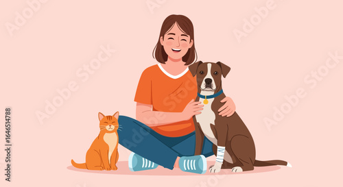 Vector art of a happy young woman sitting crosslegged with her beloved dog and cat, showcasing the joy and companionship of pets in a loving home environment