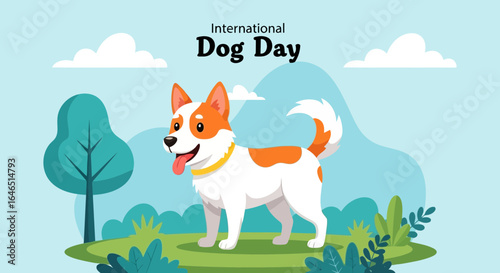 Vector art of happy dog celebrating international dog day outdoors in a park with trees and clouds, illustration vector graphic design