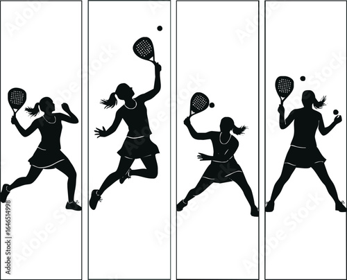 A collection of four black silhouettes of a female padel player in various dynamic action poses.