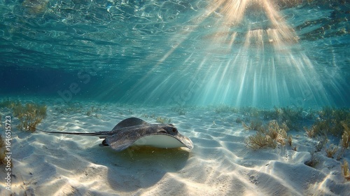 Underwater stingray sunlight coral reef