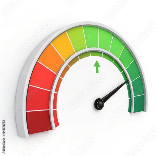 3d rendering of performance speedometer with needle pointing to high level in green zone