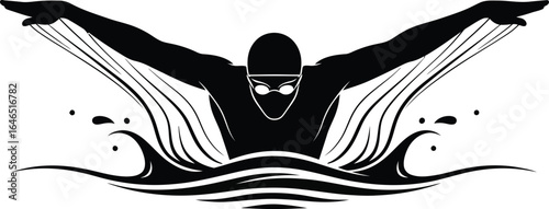 A swimmer in butterfly stroke silhouette, showcasing dynamic motion and speed of competitive swimming in a graphic style