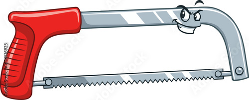 Mischievous Cartoon Hand Saw with Red Handle and Toothy Grin