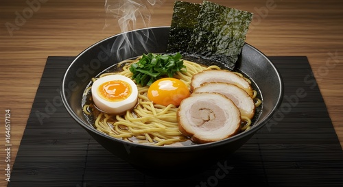 ​A steaming bowl of ramen with sliced pork, soft-boiled egg, green onions, and nori, served on a black mat over a wooden surface.
