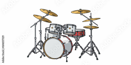 High-quality vector illustration of a drum set in outline style, with clean lines, solid colors, and smooth gradients