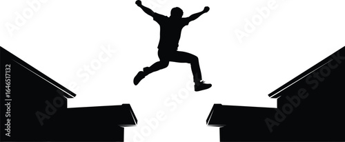 Silhouette of a man jumping between two houses, symbolizing success, achievement, challenge, risk, courage, and freedom in a dynamic leap