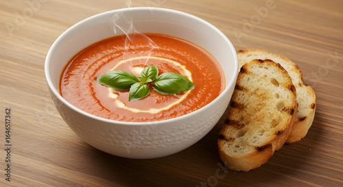 A warm bowl of creamy tomato soup with a swirl of cream and a fresh basil garnish, served with two slices of toasted bread on a wooden table.