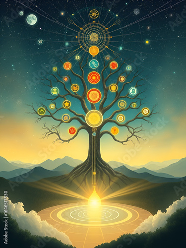 The tree of life - a visual journey through the spheres of the kabbalah and divine emanations. Nirvana. Illustration