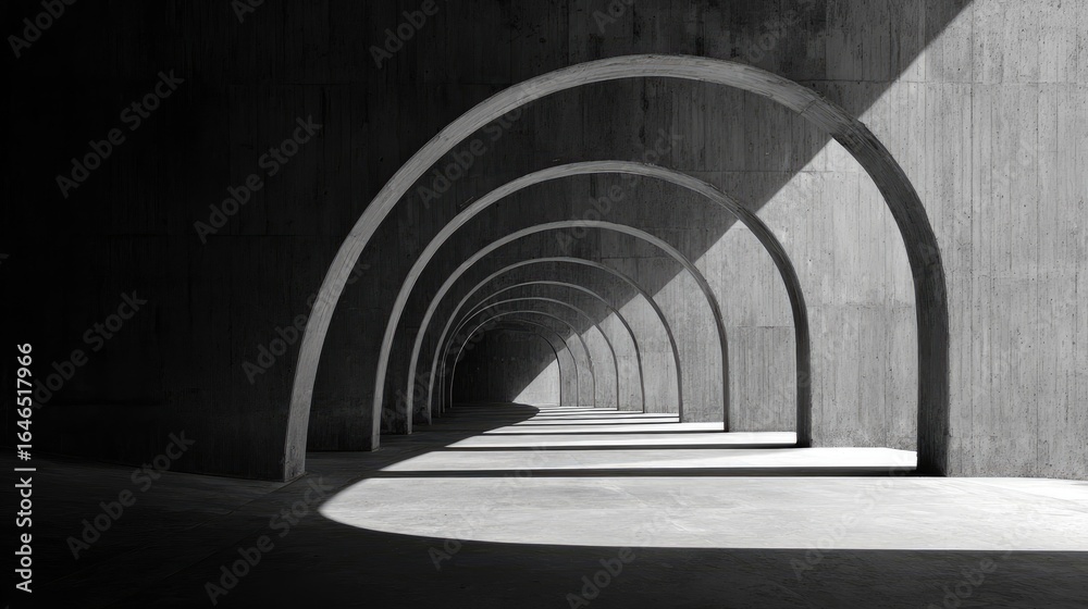 Fototapeta premium Empty concrete arch tunnel, sunlight, perspective