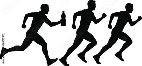 Silhouette of men running, one carrying a bottle, depicting a race, competition, or pursuit with determination and energy