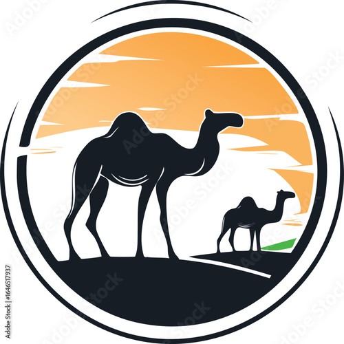 Two camels in a desert landscape circle logo Keywords: camel, desert, silhouette, circle, logo