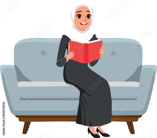 Woman in hijab reading a book on a sofa on a white background