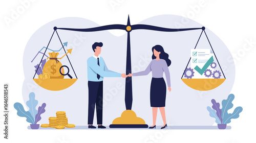 An illustration of a man and a woman shaking hands in front of a balanced scale, with one side holding money and growth symbols, and the other side holding documents, checkmarks, and gears, representi